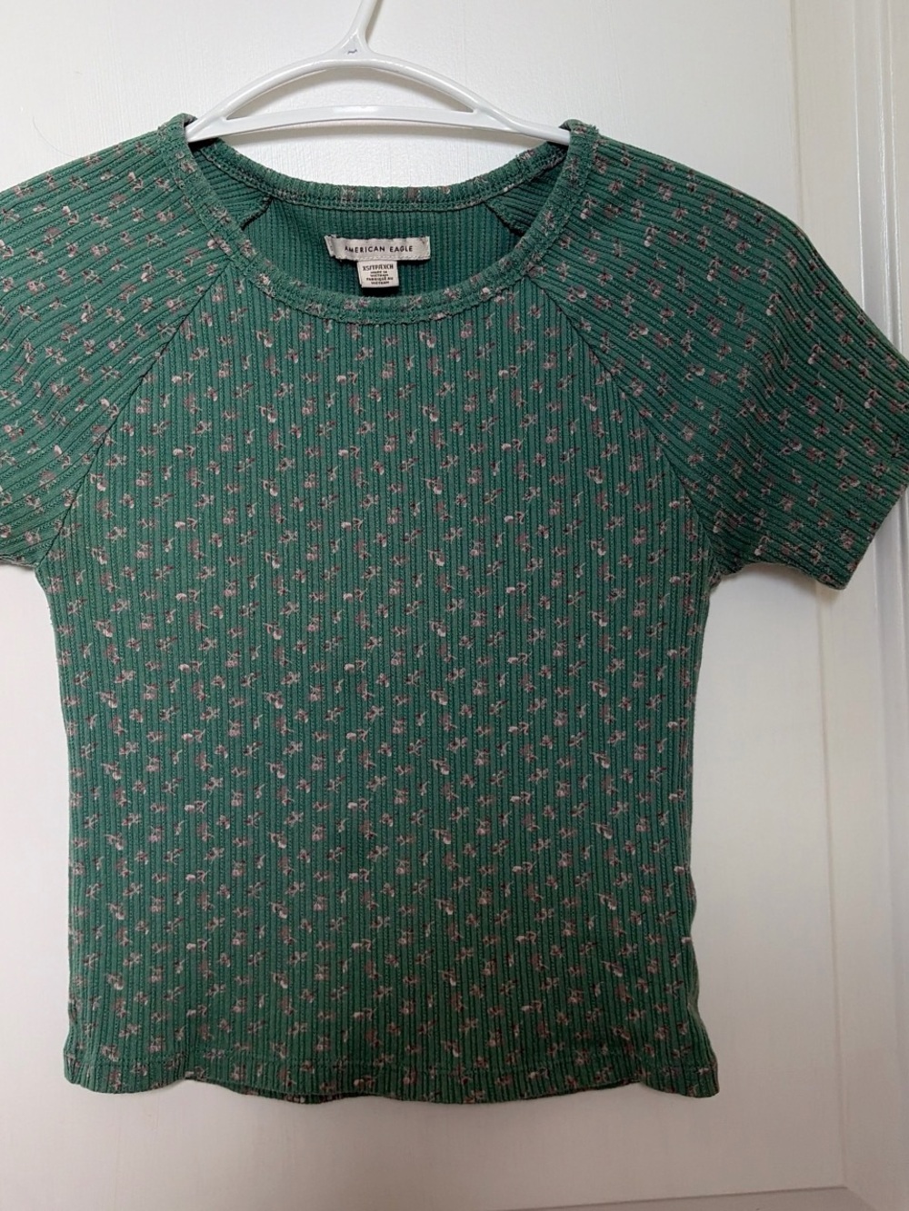 American Eagle Outfitters Green Ribbed Short-Sleeve Top with Pink Floral Print
